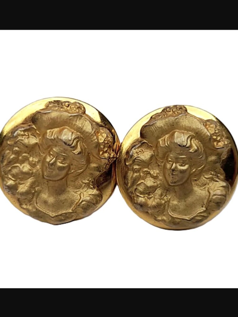 Vintage Art Nouveau Cameo Clip On Earrings Gold Tone Repousse Lady Gibson Girl